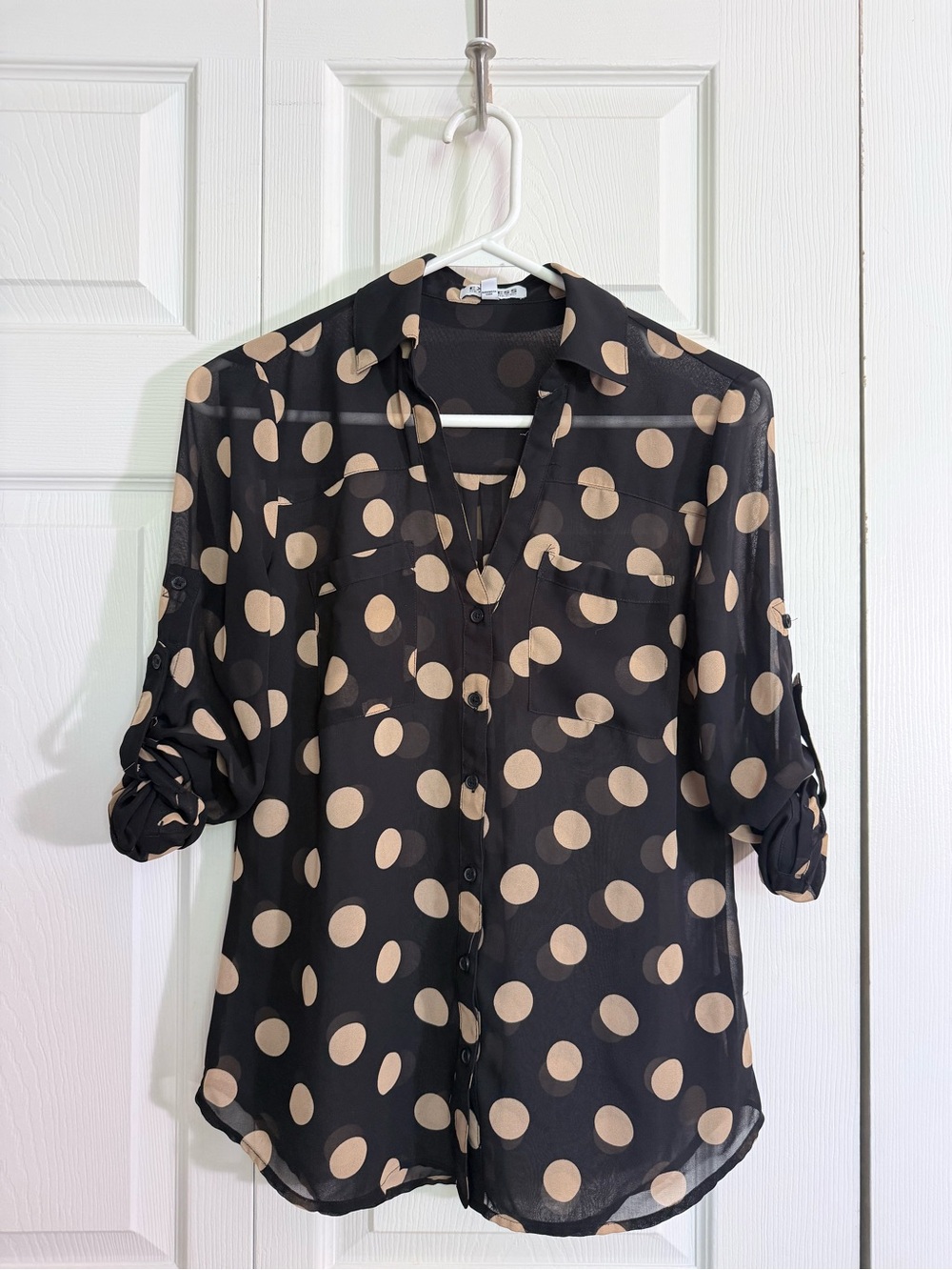 Express Portofino Shirt- Black Button-Down with Beige Polka Dots